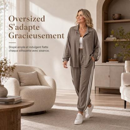 🌸 OFFRE LIMITÉE –50% ! ✨ Ensemble de détente décontracté pour femme composé d'une chemise oversize à boutons et d'un pantalon de jogging à bandes latérales