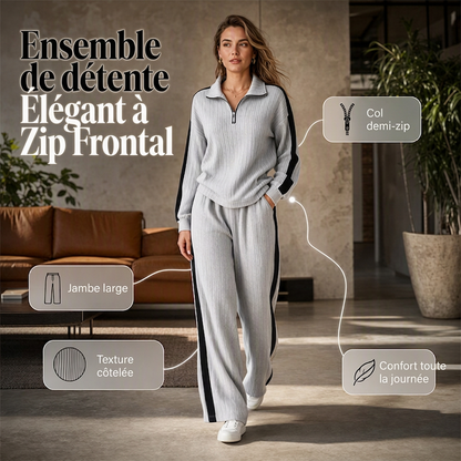 🔥 -50 % | ✨ Ensemble 2 Pièces Femme – Demi-Zip, Bandes Latérales & Jambes Larges