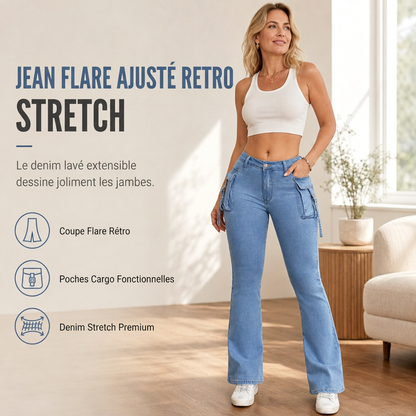 🔥 -50 % | 👖 Jean Cargo Flare Femme – Taille Haute, Stretch & Silhouette Allongée