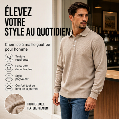 🔥 -41 % | 👕 Haut Homme en Maille Gaufrée – Col Structuré & Style Décontracté