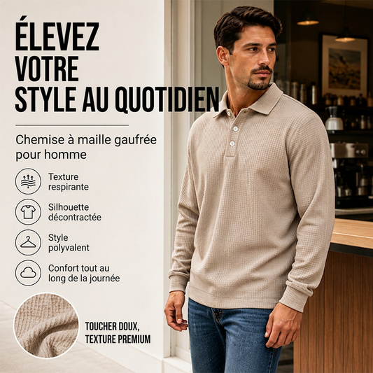 🔥 -41 % | 👕 Haut Homme en Maille Gaufrée – Col Structuré & Style Décontracté