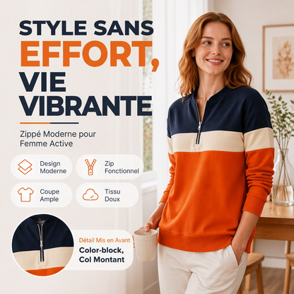 🔥 -50 % | 🎨 Sweat Demi-Zip Color-Block Femme – Décontracté & Tendance